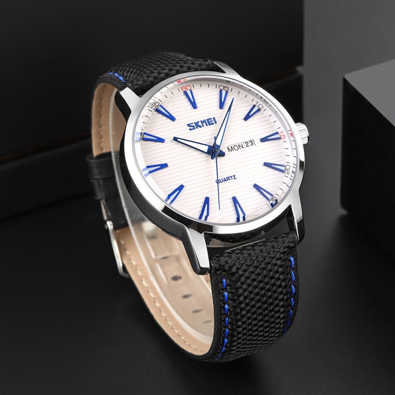 Мужские часы Skmei 9303SIBU Silver-Blue с нейлоновым ремешком и календарем