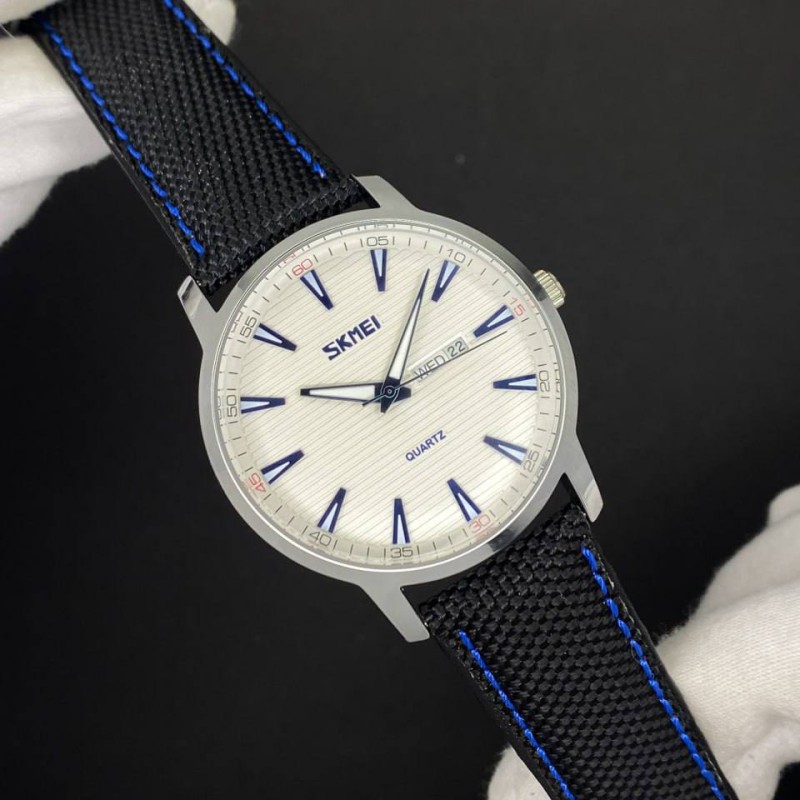 Мужские часы Skmei 9303SIBU Silver-Blue с нейлоновым ремешком и календарем