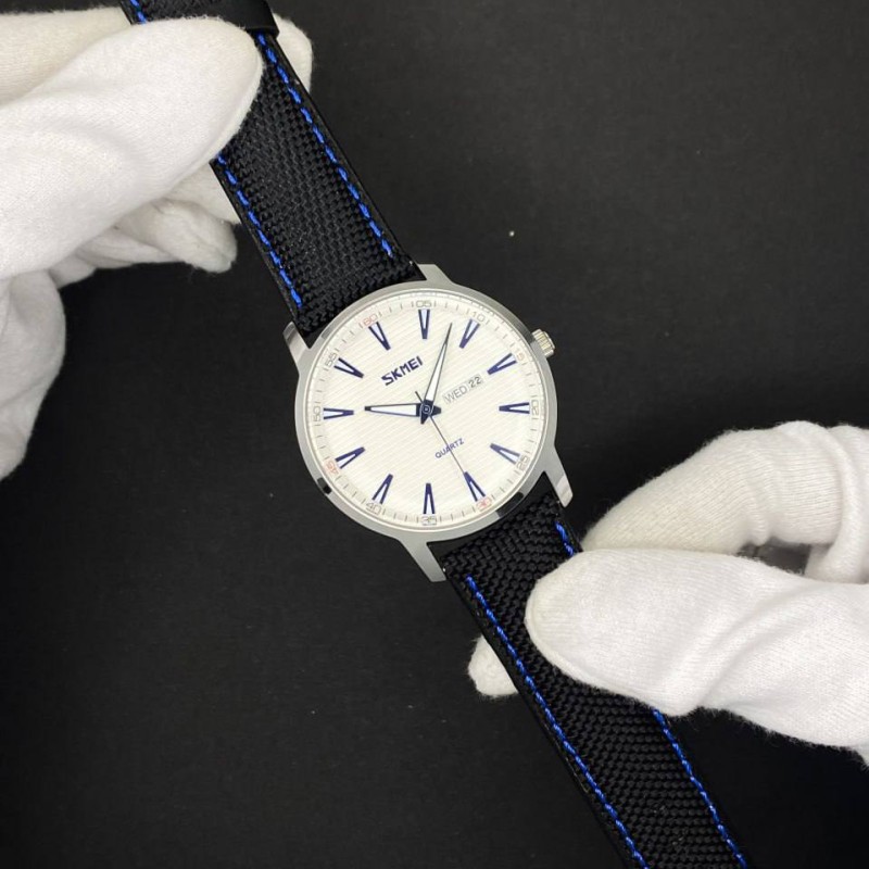 Мужские часы Skmei 9303SIBU Silver-Blue с нейлоновым ремешком и календарем