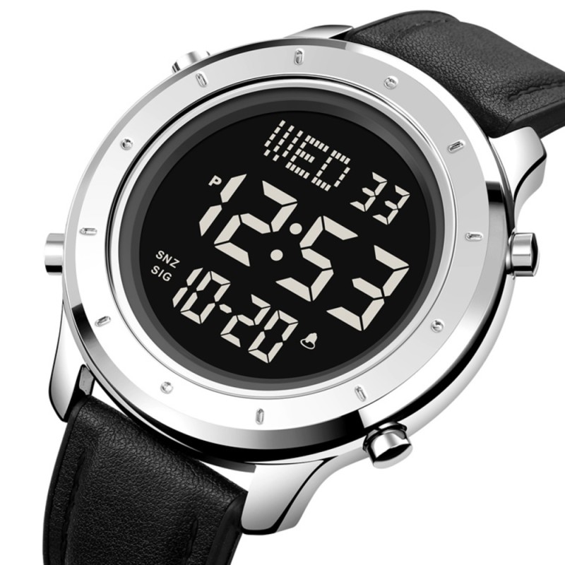 Чоловічий годинник Skmei 1864LSIBK Silver-Black Leather з електронним циферблатом та сріблястим корпусом