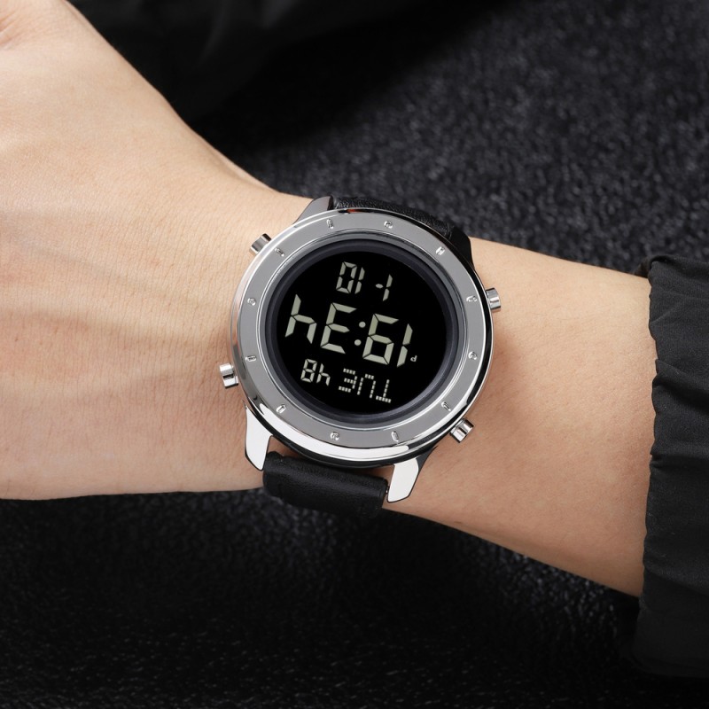 Чоловічий годинник Skmei 1864LSIBK Silver-Black Leather з електронним циферблатом та сріблястим корпусом