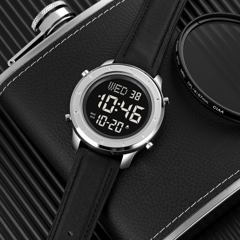 Чоловічий годинник Skmei 1864LSIBK Silver-Black Leather з електронним циферблатом та сріблястим корпусом