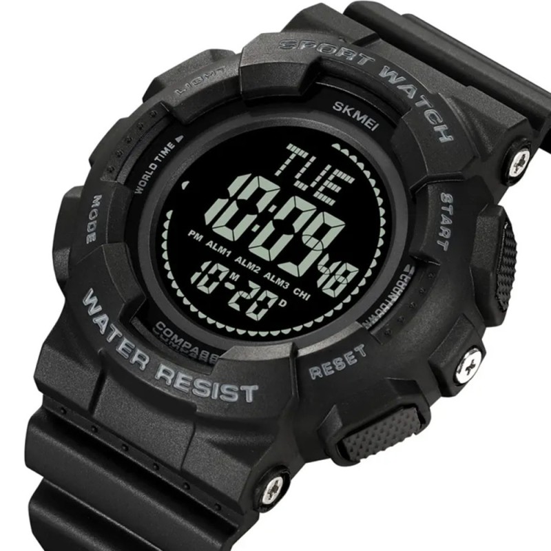 Чоловічий спортивний годинник Skmei 2077BK Black + Compass з електронним циферблатом та підсвічуванням
