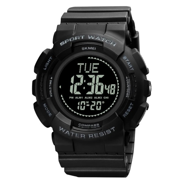 Чоловічий спортивний годинник Skmei 2077BK Black + Compass з електронним циферблатом та підсвічуванням