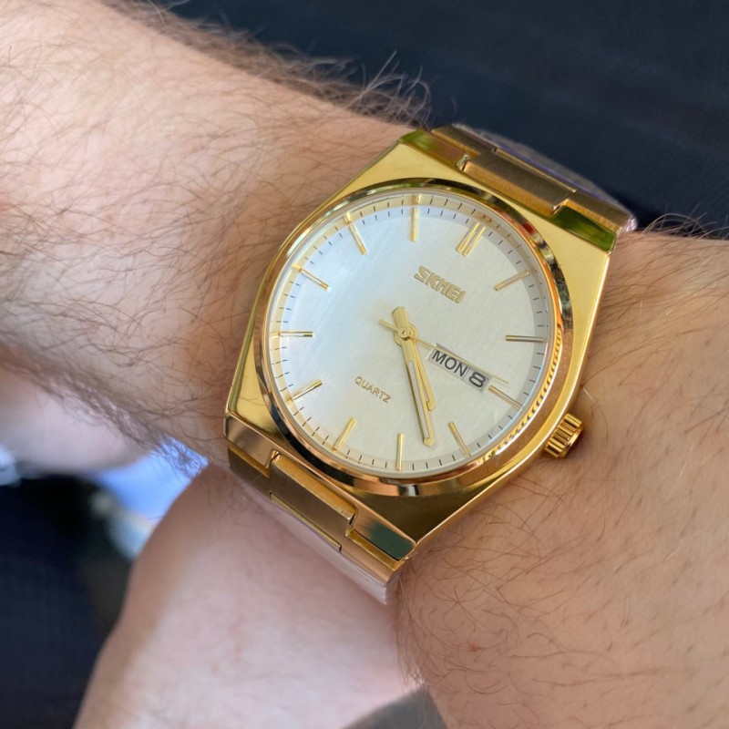 Мужские часы Skmei 9288GDSI Gold-Silver с календарем и люминесцентной подсветкой