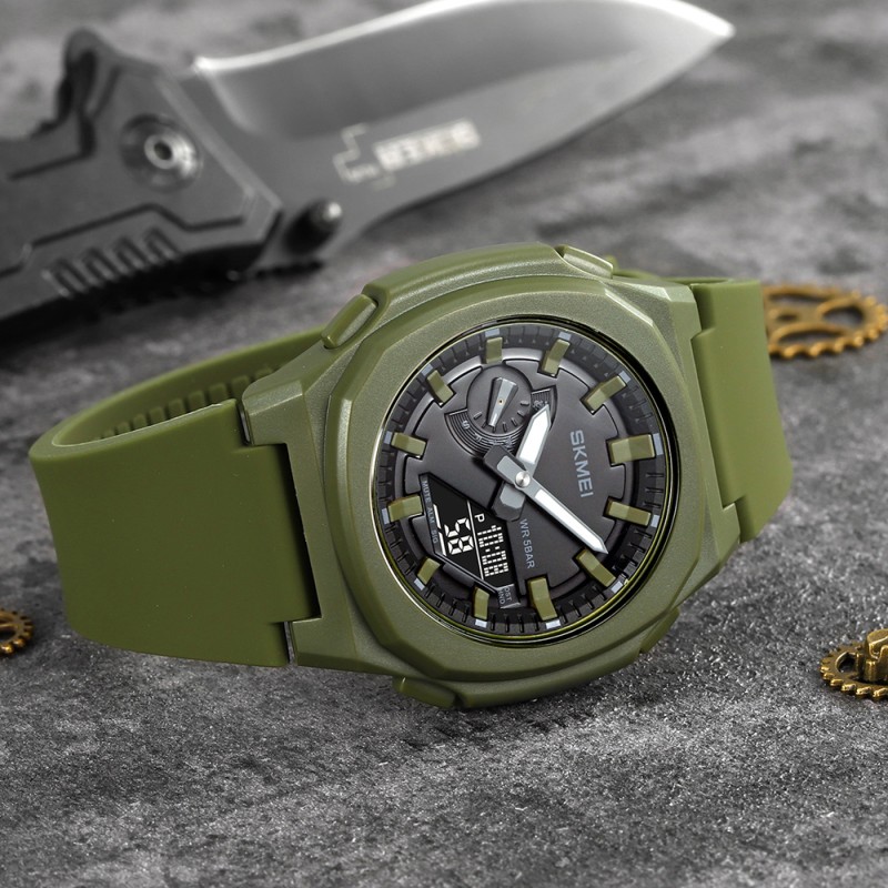 Чоловічий годинник Skmei 2091AGBK Army Green Black, тактичний стрілково-електронний з підсвічуванням