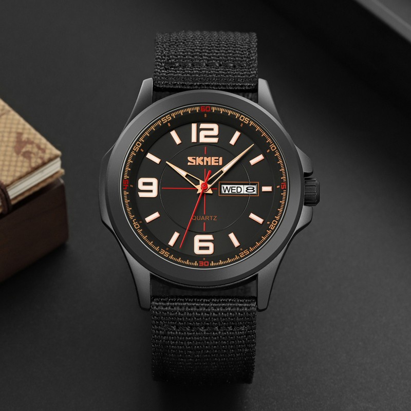 Мужские наручные часы Skmei 9315BKBK Black-Black с текстильным ремешком и календарем