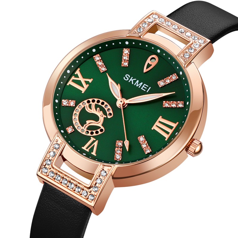 Жіночий класичний годинник Skmei 1977GNBK Green-Black з шкіряним ремінцем та зеленим циферблатом