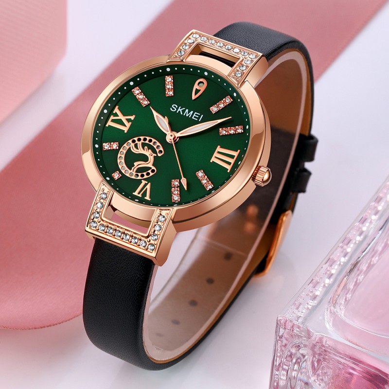 Жіночий класичний годинник Skmei 1977GNBK Green-Black з шкіряним ремінцем та зеленим циферблатом