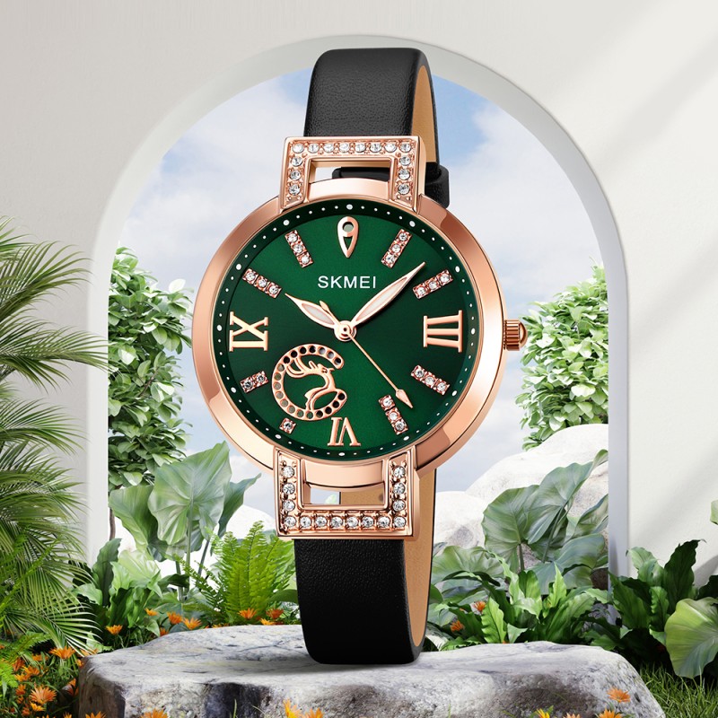 Жіночий класичний годинник Skmei 1977GNBK Green-Black з шкіряним ремінцем та зеленим циферблатом