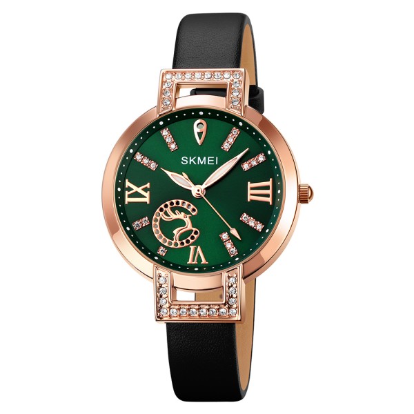 Жіночий класичний годинник Skmei 1977GNBK Green-Black з шкіряним ремінцем та зеленим циферблатом