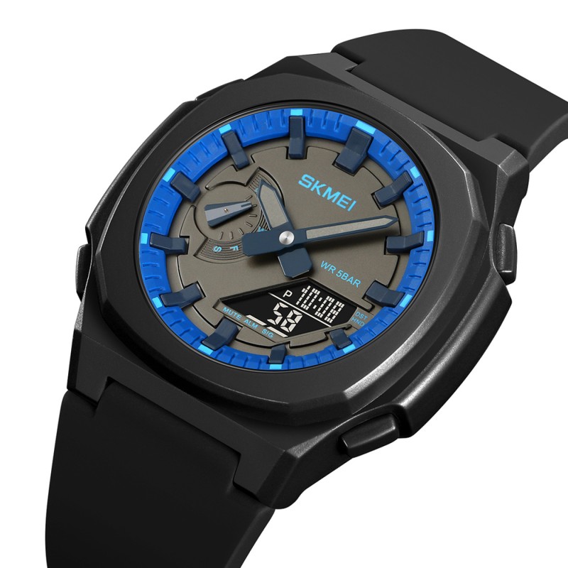 Мужские часы Skmei 2091BKBUBK Black-Blue-Black с комбинированным циферблатом и защитой 5 ATM