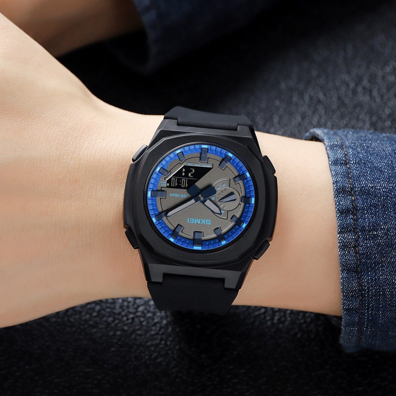 Мужские часы Skmei 2091BKBUBK Black-Blue-Black с комбинированным циферблатом и защитой 5 ATM