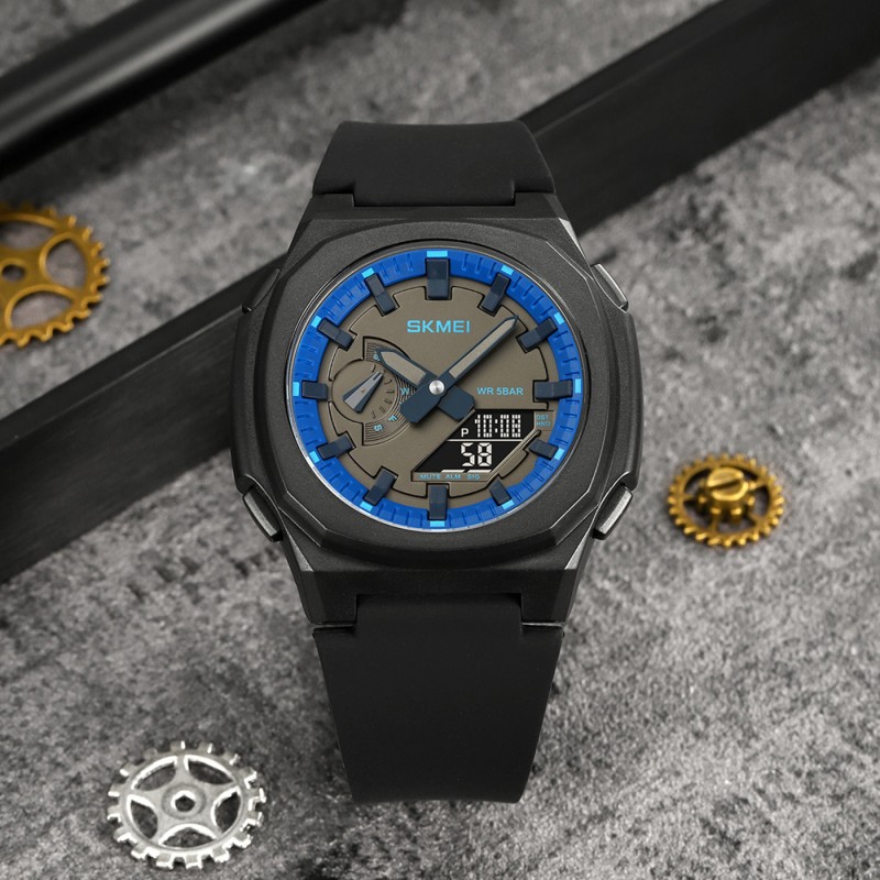 Мужские часы Skmei 2091BKBUBK Black-Blue-Black с комбинированным циферблатом и защитой 5 ATM