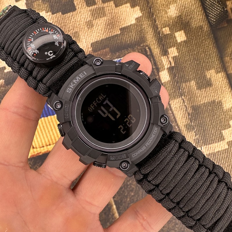Чоловічий тактичний годинник Skmei 1356BK Black Tactic Compass з компасом та крокоміром