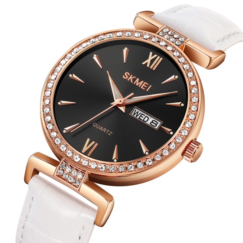 Жіночий годинник Skmei 2090RGWT Rose Gold-White з білим шкіряним ремінцем та календарем