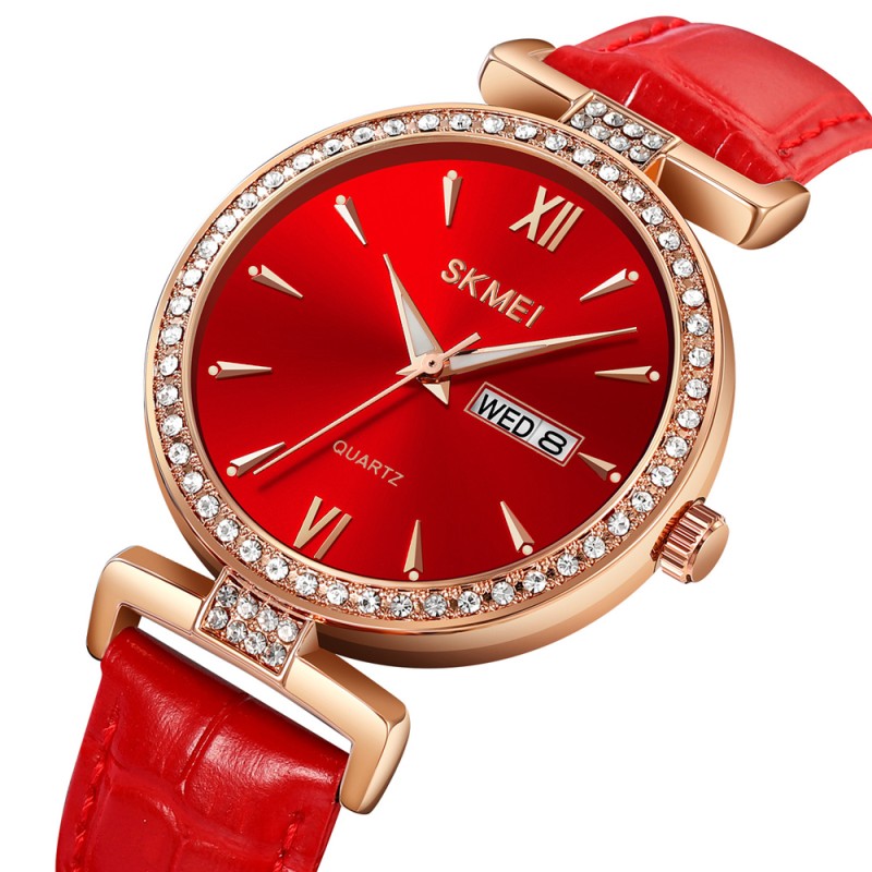 Жіночий класичний годинник Skmei 2090RGRD Rose Gold-Red з календарем та шкіряним ремінцем