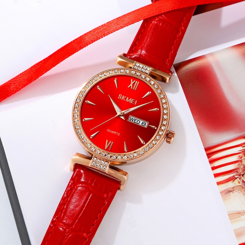 Жіночий класичний годинник Skmei 2090RGRD Rose Gold-Red з календарем та шкіряним ремінцем