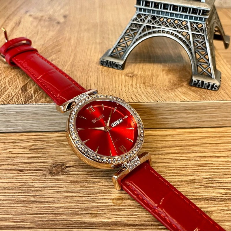 Жіночий класичний годинник Skmei 2090RGRD Rose Gold-Red з календарем та шкіряним ремінцем