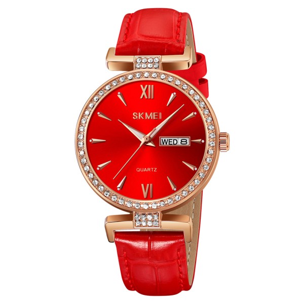 Жіночий класичний годинник Skmei 2090RGRD Rose Gold-Red з календарем та шкіряним ремінцем