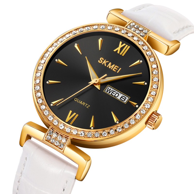 Жіночий годинник Skmei 2090GDBKWT Gold Black-White з календарем та шкіряним ремінцем