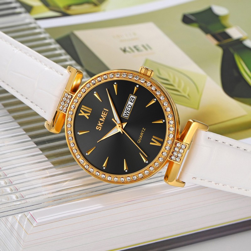 Жіночий годинник Skmei 2090GDBKWT Gold Black-White з календарем та шкіряним ремінцем