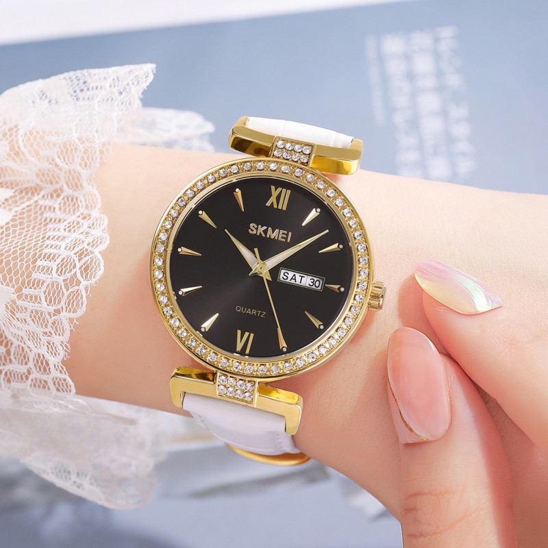 Жіночий годинник Skmei 2090GDBKWT Gold Black-White з календарем та шкіряним ремінцем