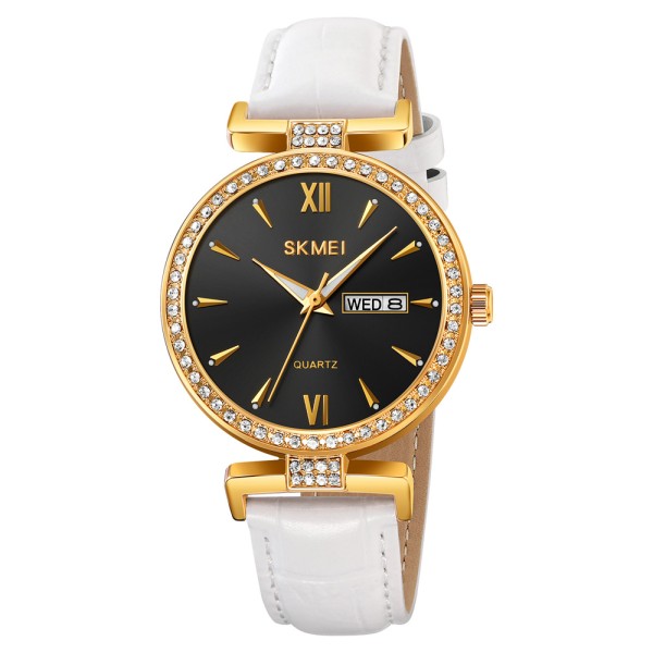 Жіночий годинник Skmei 2090GDBKWT Gold Black-White з календарем та шкіряним ремінцем