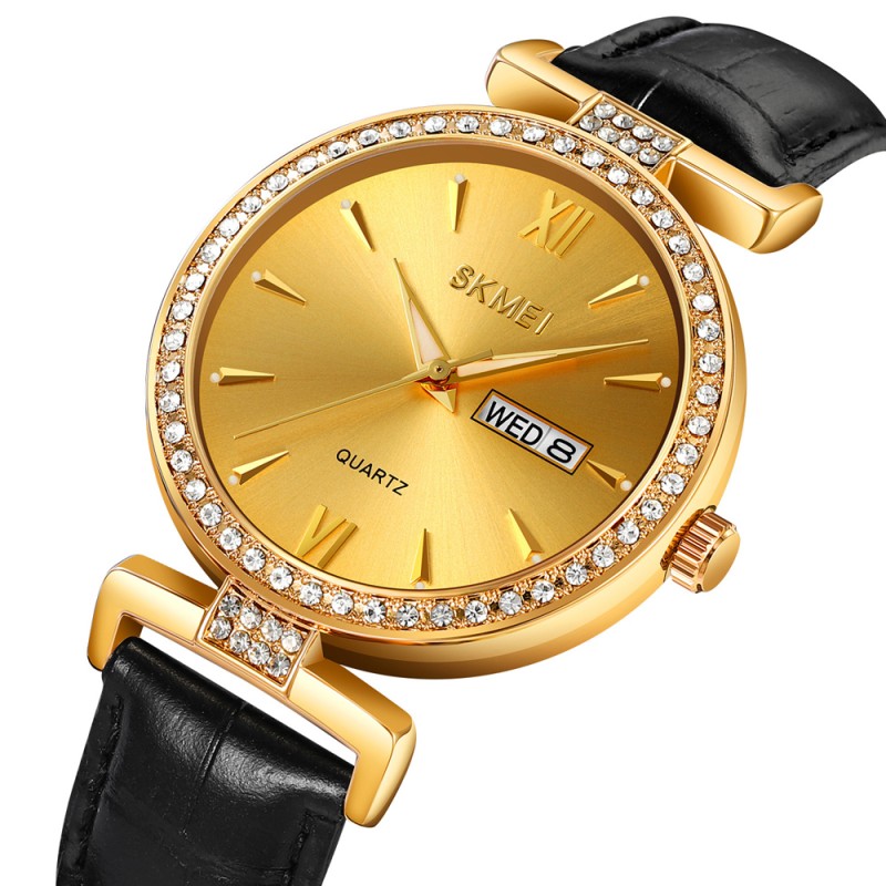 Жіночий класичний годинник Skmei 2090GDGDBK Gold Gold-Black з календарем та шкіряним ремінцем