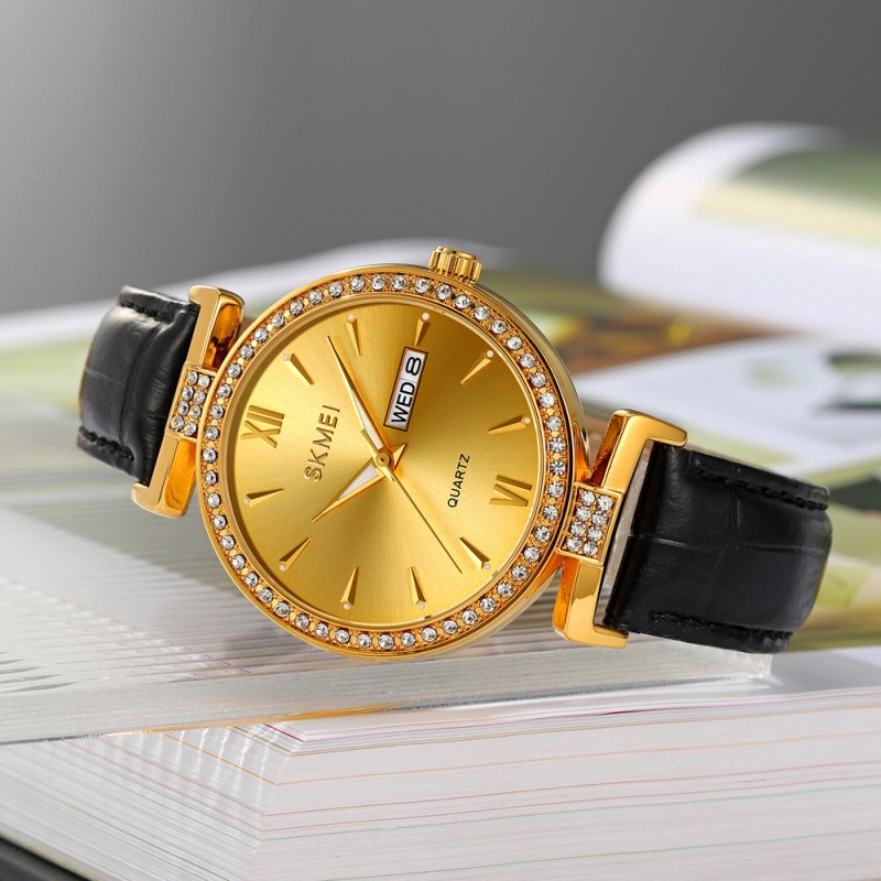 Жіночий класичний годинник Skmei 2090GDGDBK Gold Gold-Black з календарем та шкіряним ремінцем