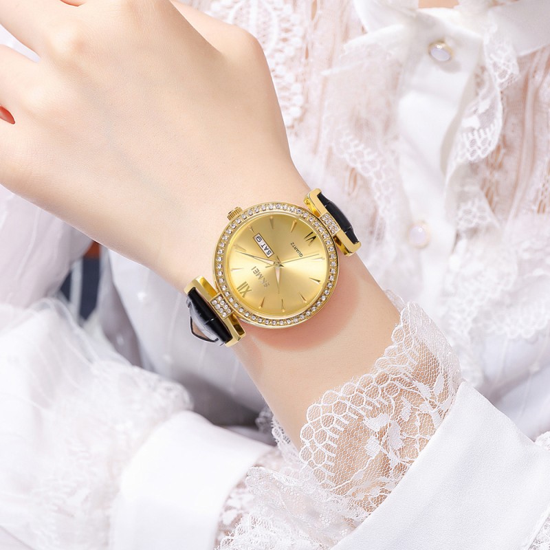 Жіночий класичний годинник Skmei 2090GDGDBK Gold Gold-Black з календарем та шкіряним ремінцем