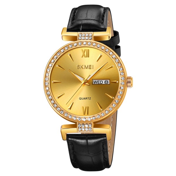 Жіночий класичний годинник Skmei 2090GDGDBK Gold Gold-Black з календарем та шкіряним ремінцем