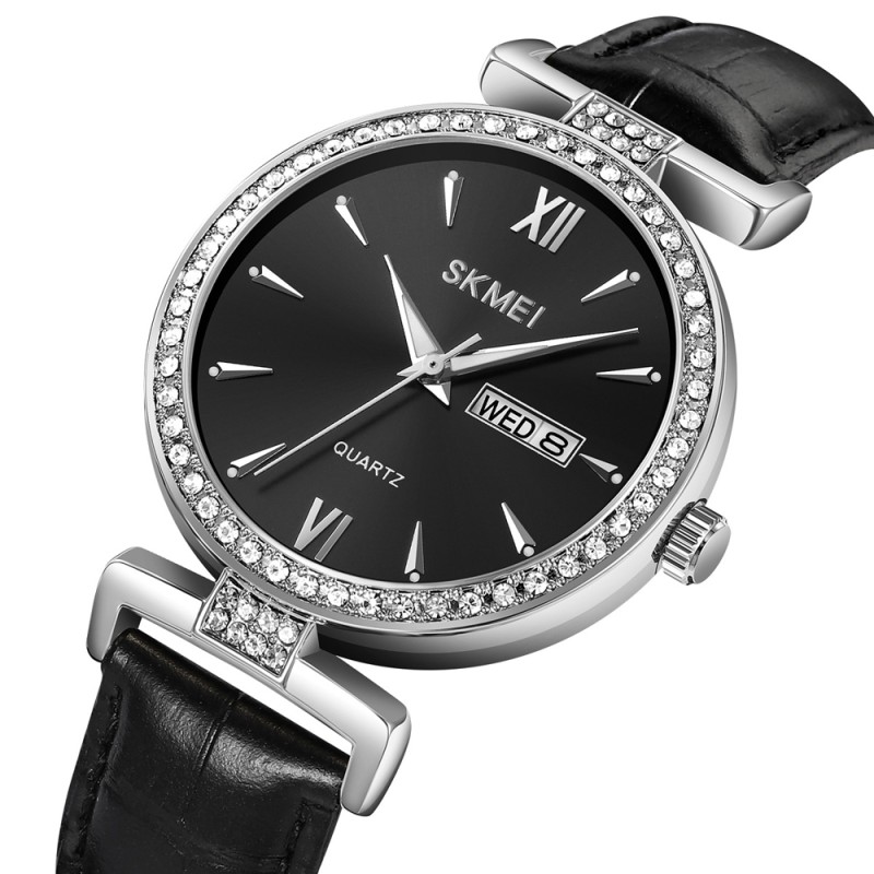 Жіночий годинник Skmei 2090SIBK Silver-Black з календарем та шкіряним ремінцем