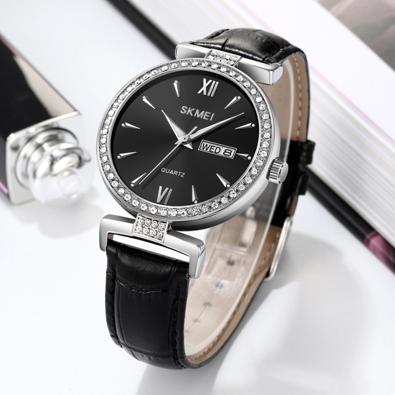Жіночий годинник Skmei 2090SIBK Silver-Black з календарем та шкіряним ремінцем