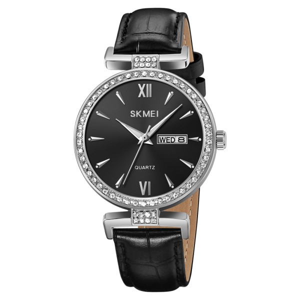 Жіночий годинник Skmei 2090SIBK Silver-Black з календарем та шкіряним ремінцем