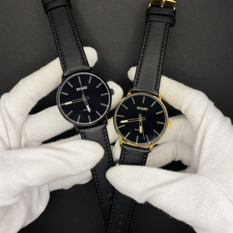 Чоловічий класичний годинник Skmei 2074GDBK Gold-Black з мінеральним склом та шкіряним ремінцем
