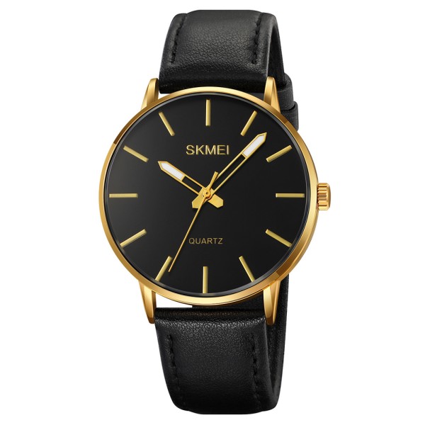 Чоловічий класичний годинник Skmei 2074GDBK Gold-Black з мінеральним склом та шкіряним ремінцем