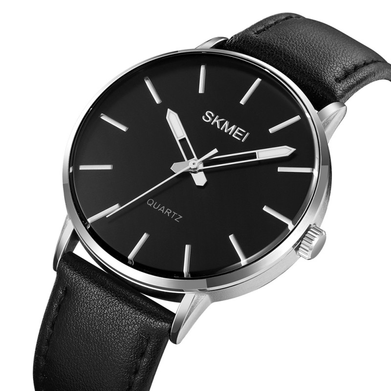 Чоловічий годинник Skmei 2074SIBK Silver-Black класичний з мінеральним склом та шкіряним ремінцем