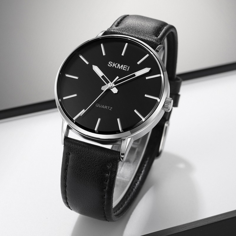 Чоловічий годинник Skmei 2074SIBK Silver-Black класичний з мінеральним склом та шкіряним ремінцем