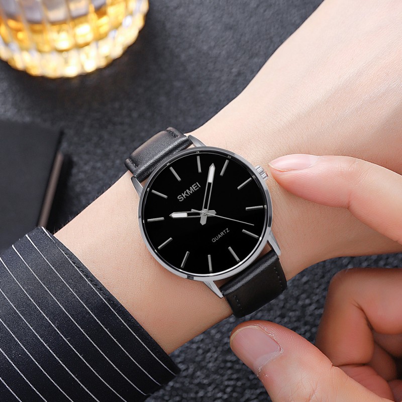 Чоловічий годинник Skmei 2074SIBK Silver-Black класичний з мінеральним склом та шкіряним ремінцем