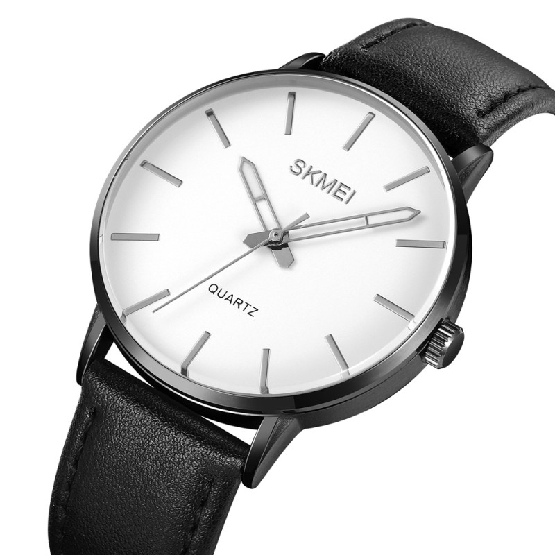 Чоловічий класичний годинник Skmei 2074BKWT Black-White з мінеральним склом та шкіряним ремінцем