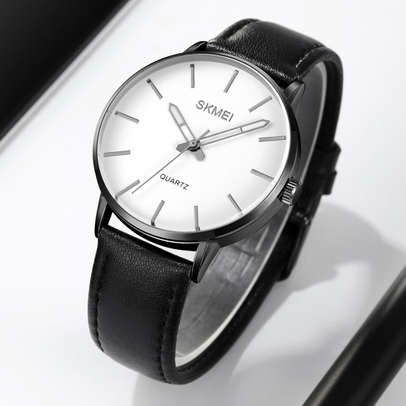 Чоловічий класичний годинник Skmei 2074BKWT Black-White з мінеральним склом та шкіряним ремінцем