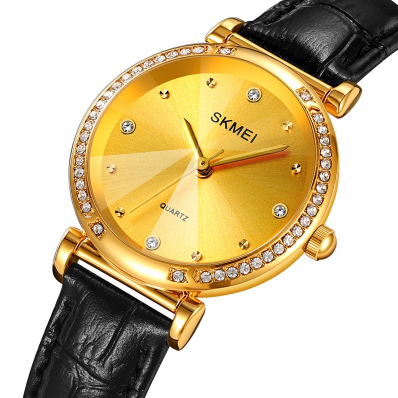 Женские часы Skmei 2072GD Gold в классическом стиле с золотистым циферблатом и черным кожаным ремешком