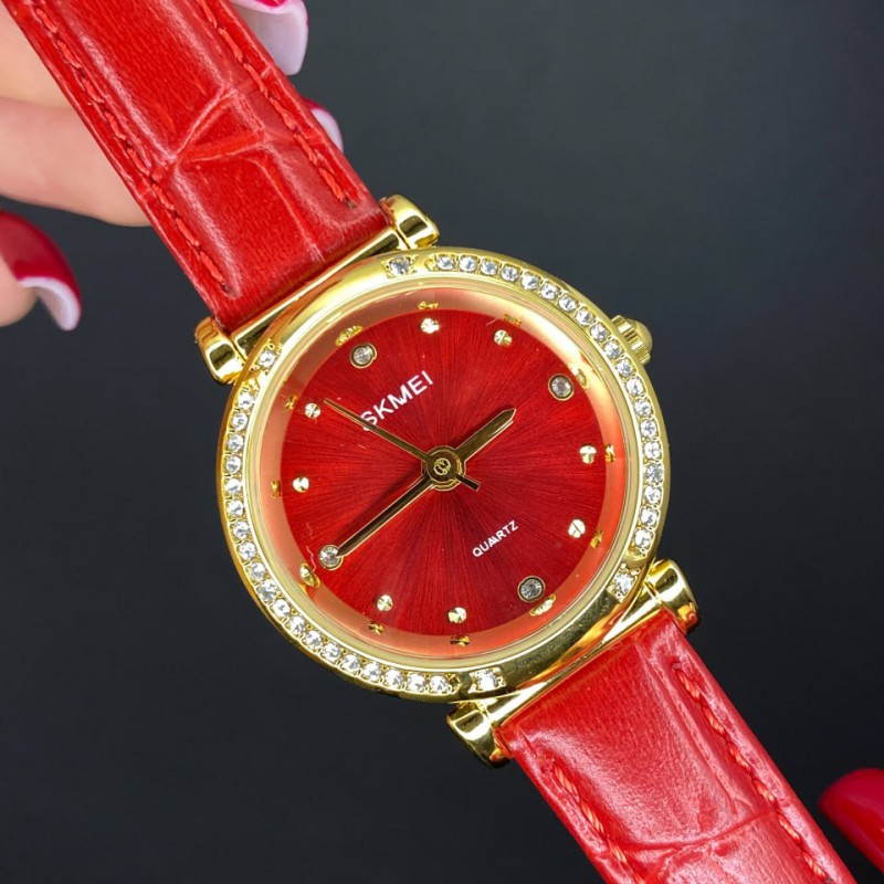 Жіночий годинник Skmei 2072PK Pink з рожевим циферблатом та шкіряним ремінцем