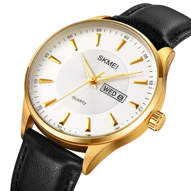 Чоловічий класичний годинник Skmei 2075GDSI Gold-Silver з мінеральним склом та шкіряним ремінцем