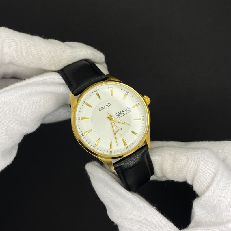 Чоловічий класичний годинник Skmei 2075GDSI Gold-Silver з мінеральним склом та шкіряним ремінцем
