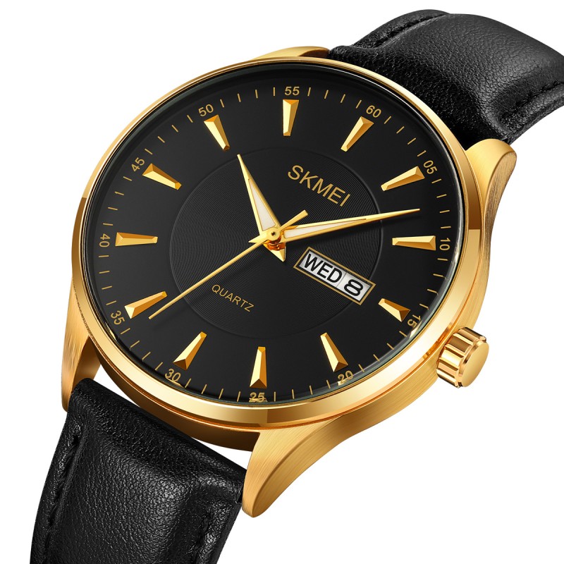 Чоловічий класичний годинник Skmei 2075GDBK Gold-Black з календарем та шкіряним ремінцем