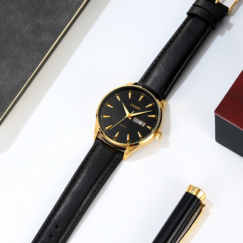 Чоловічий класичний годинник Skmei 2075GDBK Gold-Black з календарем та шкіряним ремінцем