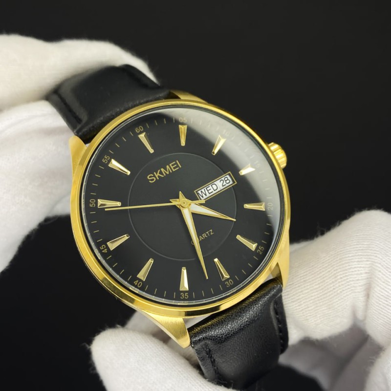 Чоловічий класичний годинник Skmei 2075GDBK Gold-Black з календарем та шкіряним ремінцем