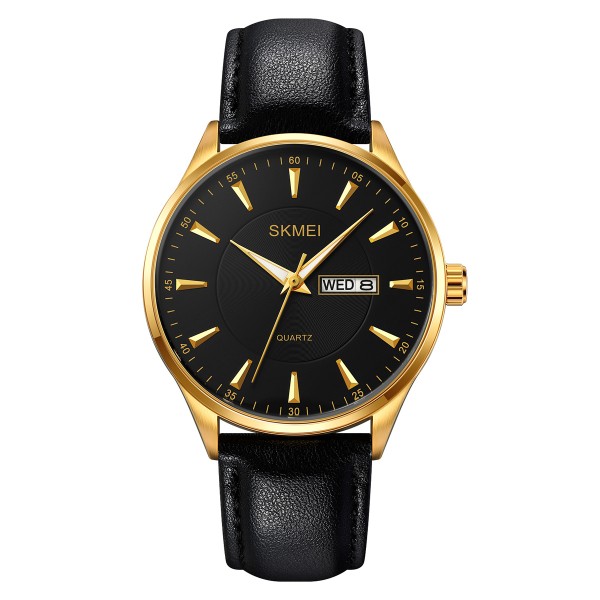 Чоловічий класичний годинник Skmei 2075GDBK Gold-Black з календарем та шкіряним ремінцем